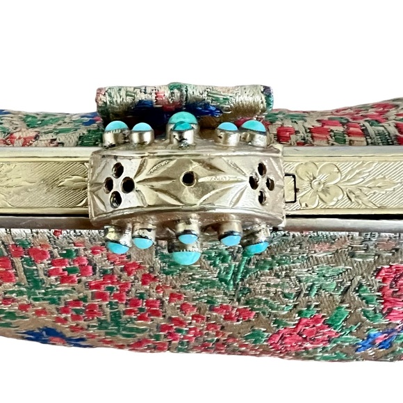Vintage Floral Tapestry Clutch Bag Gemstone Closure with Original Compact Mirror - Picture 7 of 15